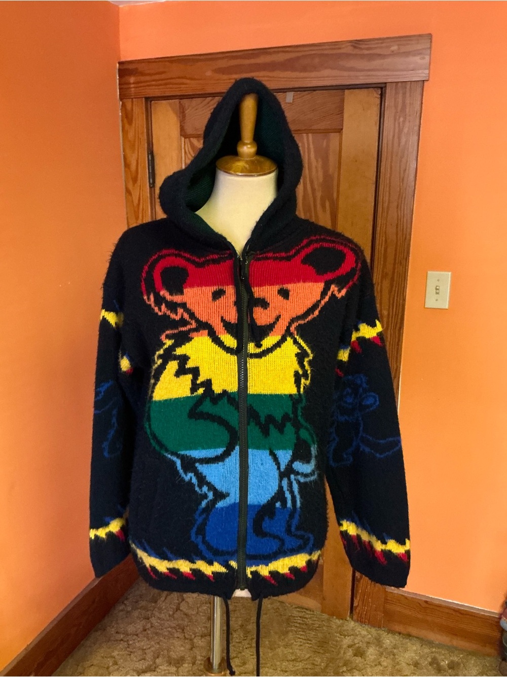 Grateful Dead Dancing Bear Rainbow Knit Zip Hoodie Sweater Full Zip Deadhead - Picture 13 of 14